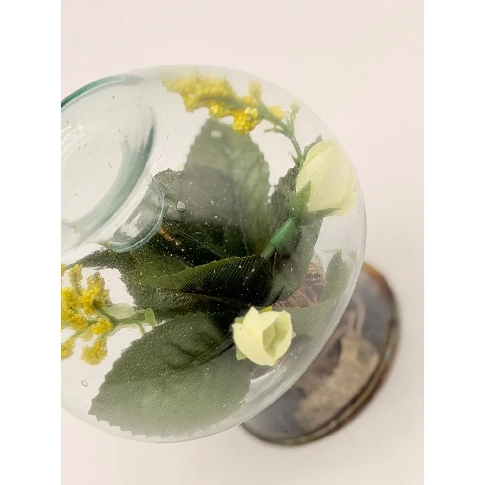 Vintage Glass Orb Candle Holder Encased Faux Yellow White Flowers Terrarium 3.5